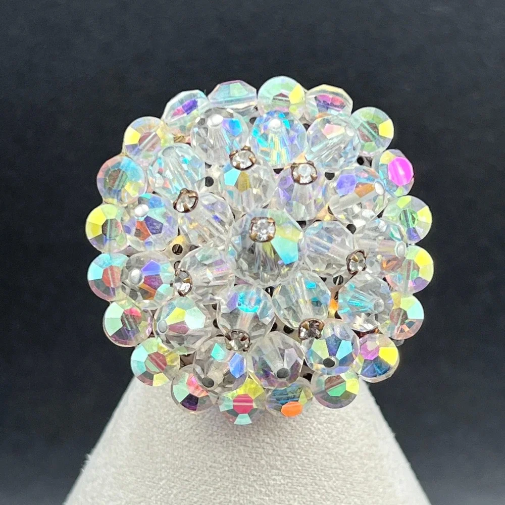 Vintage Brooch AB Crystal Cluster Rhinestones Domed 60s